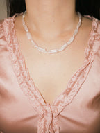 Biwa pearl necklace worn on neck with relaxed everyday styling