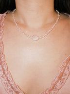 Everyday pearl necklace worn naturally with soft minimal styling