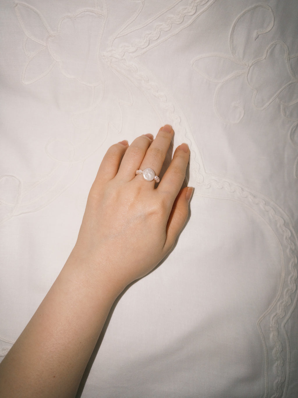 Freshwater pearl ring paired with minimal everyday styling