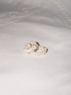 Stacked pearl rings arranged casually in soft natural light